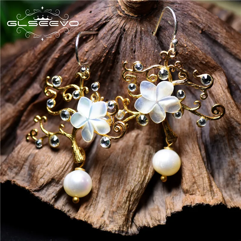 

GLSEEVO Natural Fresh Water Pearl Flower Drop Earring For Women 925 Sterling Silver Tree Dangle Earrings Fine Jewellery GE0036