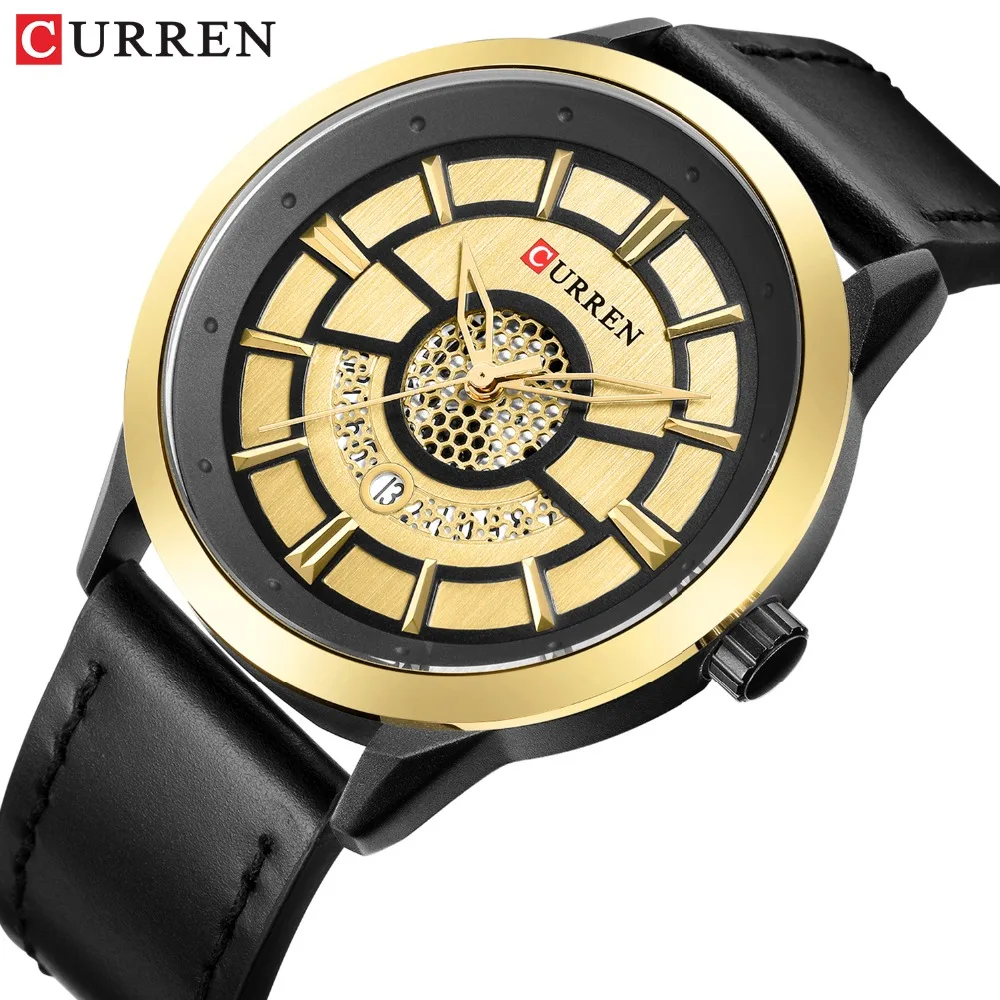 

CURREN Top Brand Luxury Men's Watch Gold Quartz Wrist Watches with Black Leather strap Fashion Casual Clock erkek kol saati