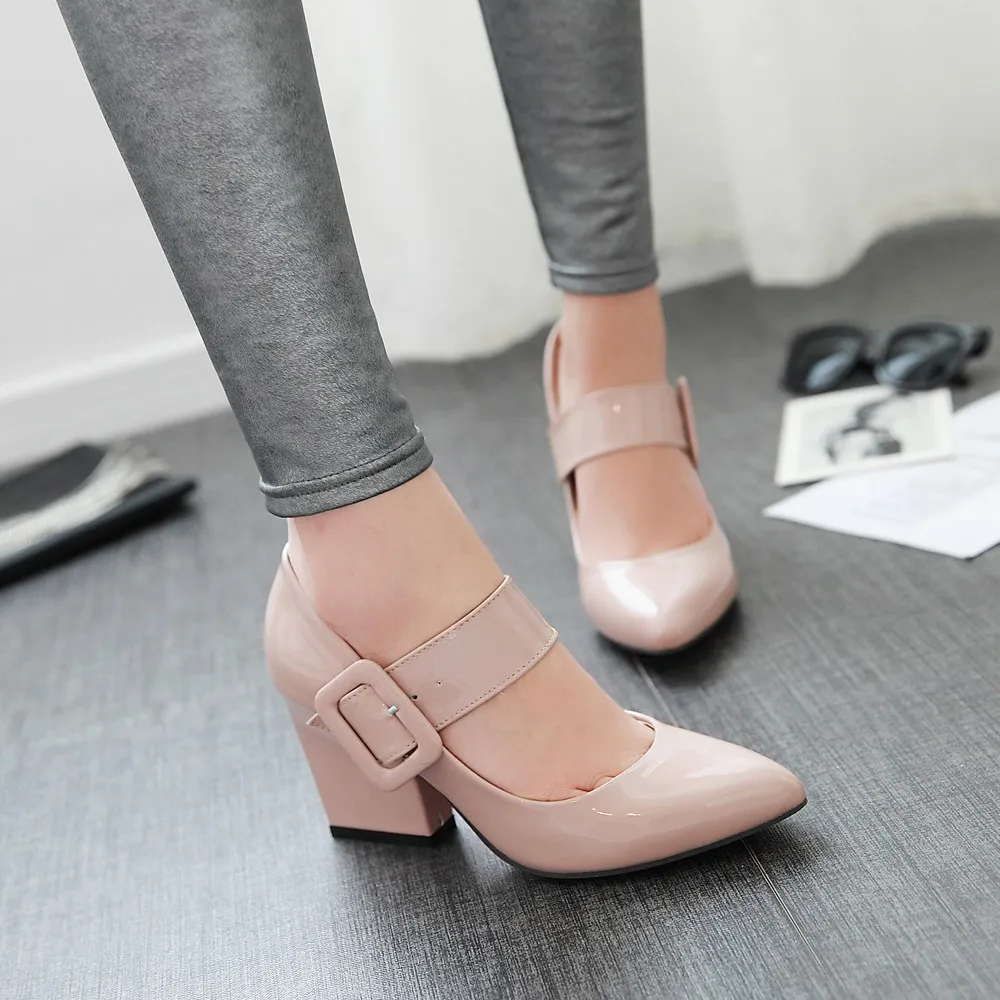 

2019 New High Heels Shoes Women Party Thick Heel Round Toe Buckle Strap Pumps PU Leather Ladies Sweet Shoes 33-43