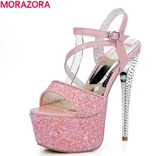 MORAZORA/Новое поступление г.; Летние пикантные танцевальные туфли на тонком каблуке женские босоножки из искусственной кожи на высоком каблуке с открытым носком на платформе