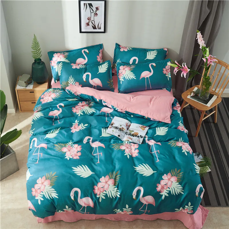 

Fashion Pink Flamingos Bedding Sets green Euro Bedspread Luxury Duvet Cover Double Bed Sheets Linens twin full Queen size Adults