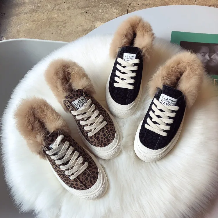 

Women's Winter Snow Sport Running Shoe Warm Fur Plush High Top Comfortable Sneakers Leopard Print Cotton Shoes zapatos mujer
