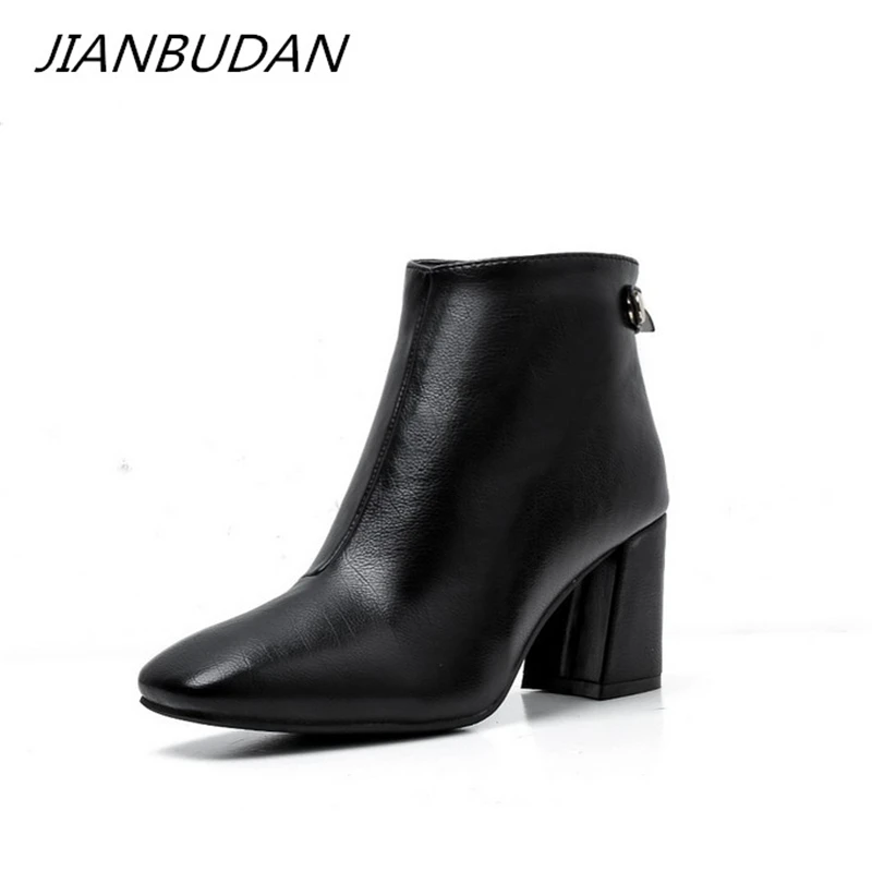 

JIANBUDAN Pu leather Square Toe Women's boots High heel sexy autumn ankle boots Women's winter waterproof Leather boots Size 39