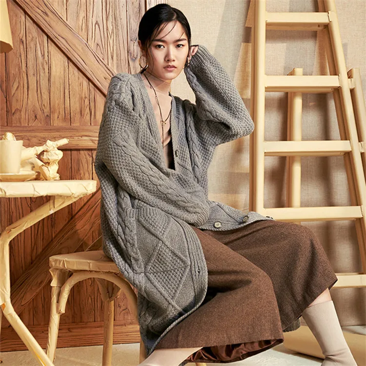  top grade 100%hand made pure cashmere Vneck knit women solid loose single breasted H-straight cardi