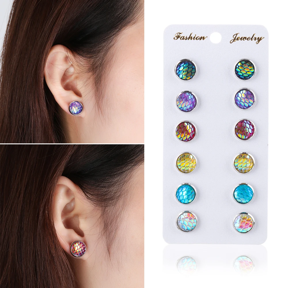 

6 Pairs/Set 12mm Mermaid Scale Earring Round Crystals Assorted Stud Earrings Multicolor Durzy Ear Studs Party Girls Women