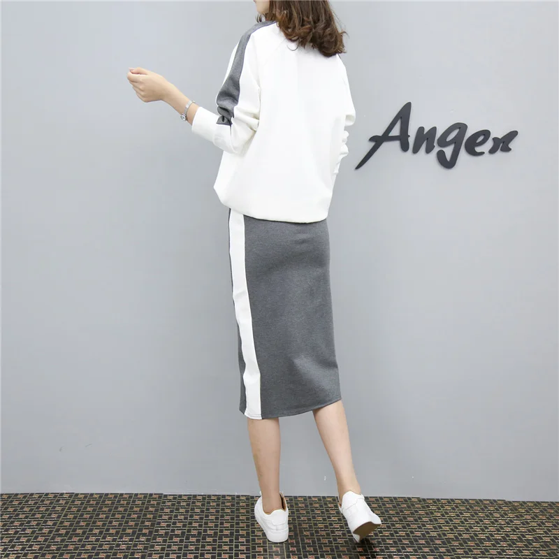 Women's 2 Piece Set Elegant Sporting Casual Side Striped Casual Pullover Top Elastic Waist Skirt Suit Plus Size Hots S87702F - Цвет: Gray