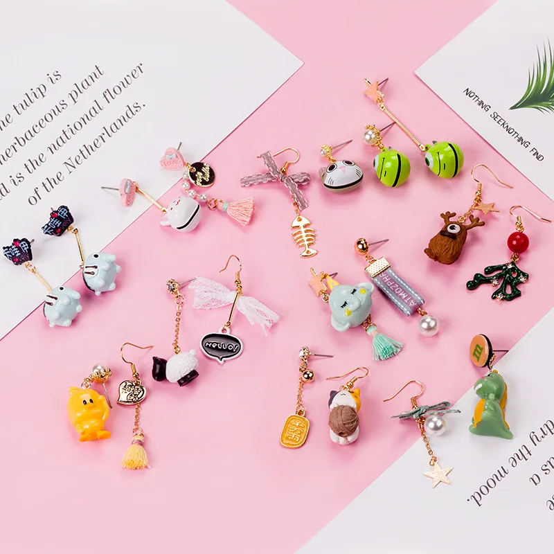 

Asymmetrical Animal Earrings for Women Handmade Long Cute Cat Dinosaur Duck Elephant Drop Earrings Jewelry Ornaments Accessories