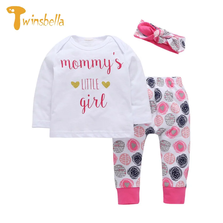 TWINSBELLA 2018 New Infant Clothing Cotton Kids Letter Print Suits+Headkerchief 3PCS Autumn Long Sleeve Children