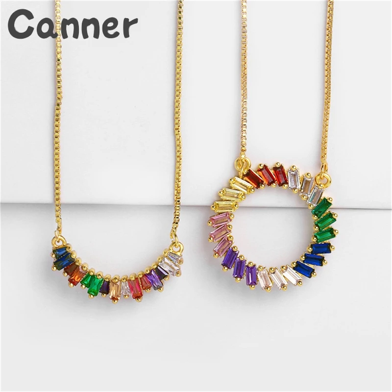 

Canner Rainbow Circle Pendent Necklace Gold Color Micro Colorful CZ Cubic Zirconia Chain Pendant Necklaces For Women Jewelry A40