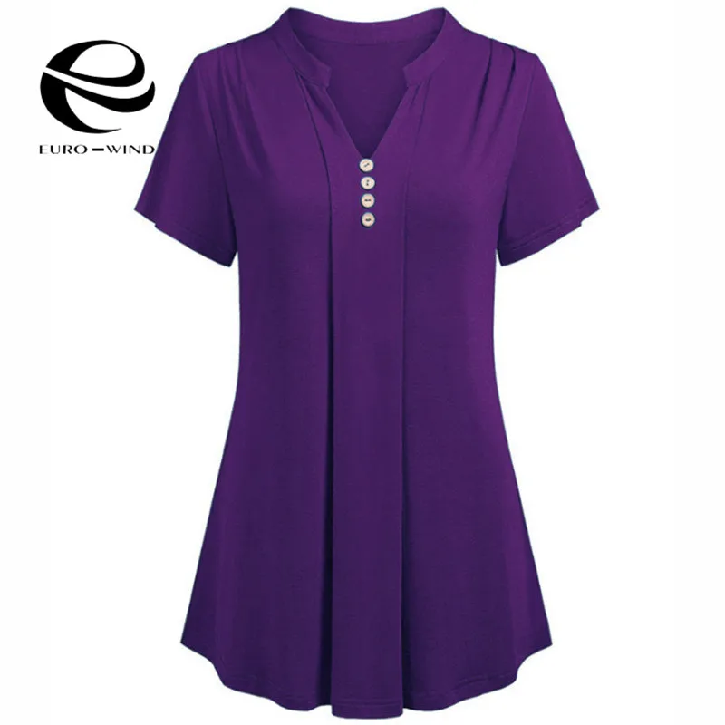 زائد حجم 6XL النساء قمم و بلوزة 2019 الربيع الصيف قصيرة الأكمام الخامس الرقبة الصلبة بلوزة الإناث عارضة فضفاض قمصان قمم blusas