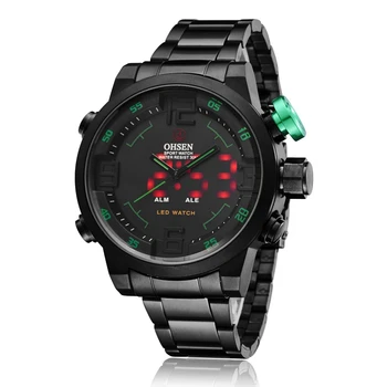 

OHSEN Digital Quartz Mens Fashion Wristwatch Black Full Steel Band 30M Waterproof LED Military Sport Watch Man Montre Homme Gift