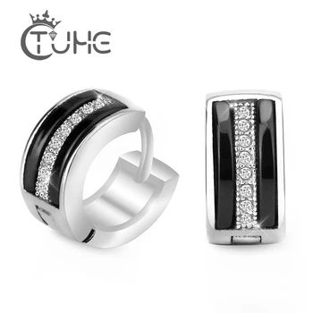 

Punk Men Black White Ceramic Hoop Piercing Round Earrings With Natural Crystal for Women Men Fashion Jewelry Brincos Unisex
