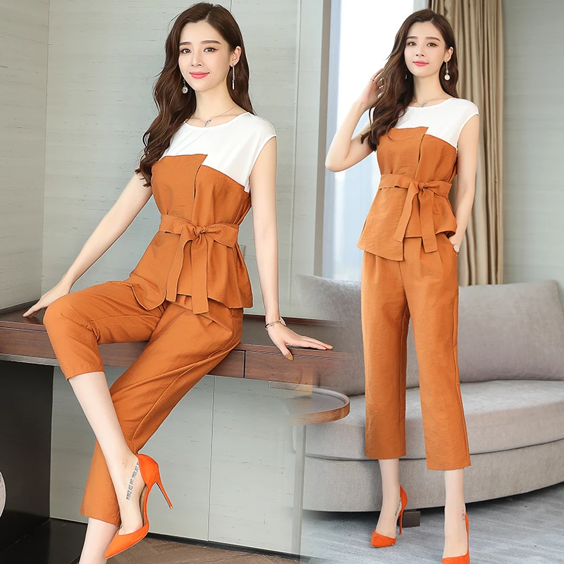 Co ord set women 2 piece set top and pants suits summer ourfit Orange sliming bodycon sleeveless