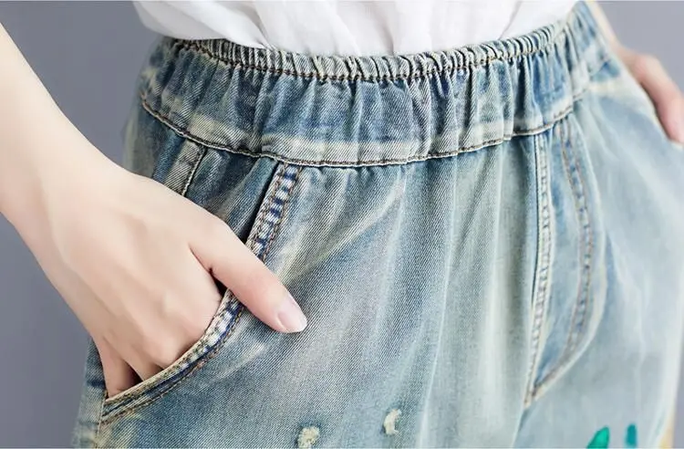 NYFS женские джинсы больших размеров 2019 летние резинка на талии, свободные брюки больших размеров d, женские патч-Брюки С буквенным принтом