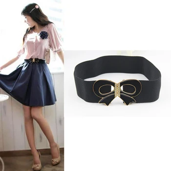 

Fashion Metal Bow Dress Fur Down Jacket Elastic Girdle Easy to match Women's Black Rhinestone Belt free shipping