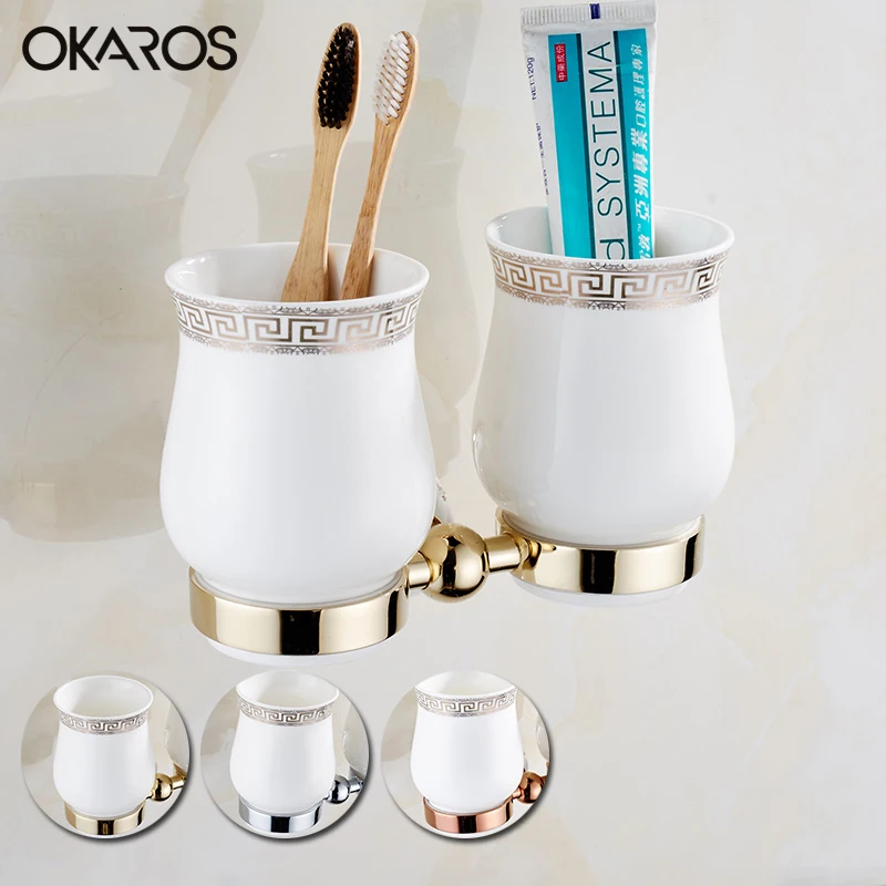 OKARO Wall Mounted Bathroom Double Ceramic Cup Holder Toothbrush
