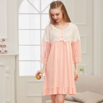

Loose Three Quarter women palacess nightgowms 2019 spring autumn new lace patchwork round neck sleep dress home clothes gx938