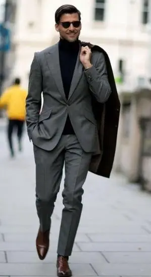 Темно-серый полушерстяные мужской костюм, блейзер современный Бизнес мужские костюмные брюки Smart Повседневное обтягивающий Официальный