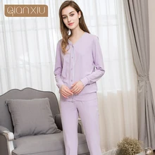 Qianxiu Женская пижама с v-образным вырезом, кружевная Домашняя одежда с длинными рукавами, Классическая Пижама на пуговицах, наборы хлопковой комфортной одежды для сна