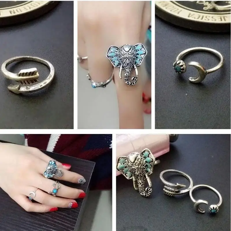 

New Fashion Hot Selling Loose Stone Moon Arrow Elephant Joint Ring 6 Sets Of Combination Packages Jewelry Ring