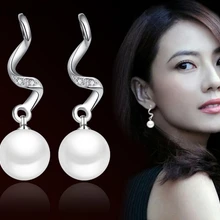 Anenjery, 925 пробы, серебряные серьги, полный кристалл, циркон, имитация жемчуга, шар, драгоценные камни, камень "S", кисточка, длинные серьги-гвоздики, S-E98