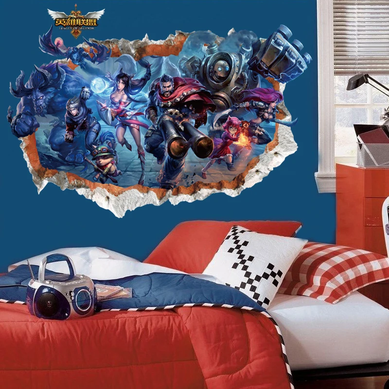 

3d League of legends LOL game through wall stickers for kids rooms diy wall art decals Ezreal Ahri Graves Annie Teemo posters