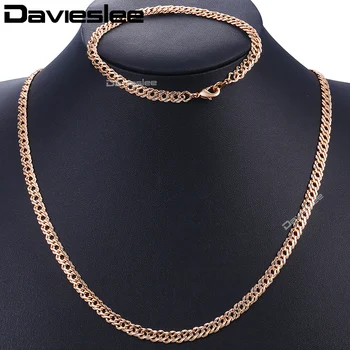 

Davieslee Womens Jewelry Sets 585 Rose Gold Hammered Venitian Chain Bracelet Necklace Set 2018 Wholesale Jewelry 5.5mm DCS03