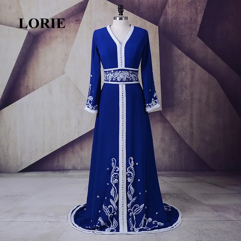 LORIE Королевского синего цвета Вечерние платья марокканский кафтан v-образный вырез трапециевидной формы шифон Вышивка бисером с жемчугом мусульманское платье для выпускного вечера платье из Дубаи - Цвет: Синий