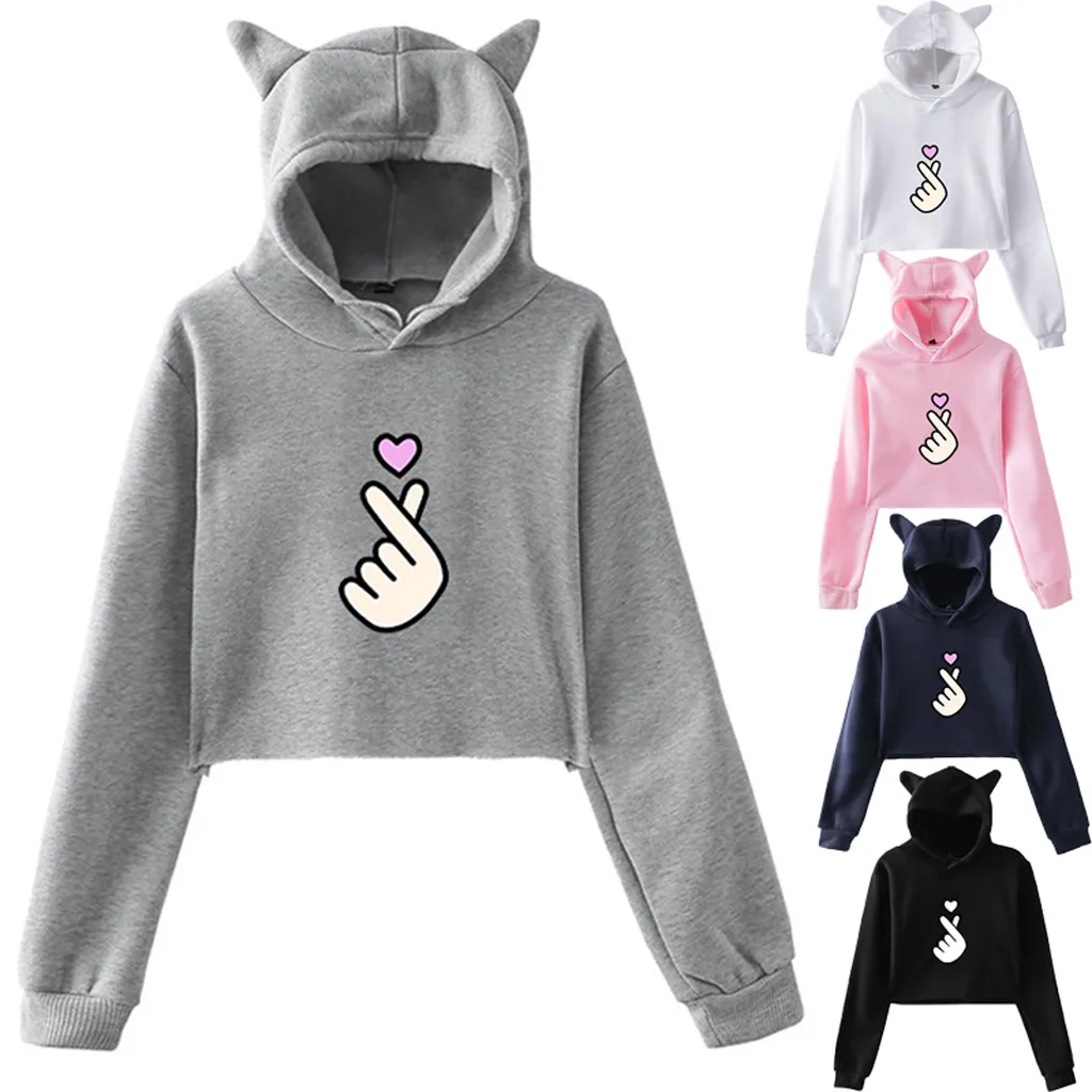 

19 Colors Cat Ears Hoodie female Long Sleeve Sweatshirt Harajuku Print Pullovers Tops O-neck Women's Hooded sweatshirt tops