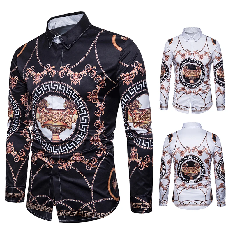 Casual Print Cotton Shirts Mens Long Sleeve Spring New Male Slim Fit Turn-down Collar Shirt Black Fashion