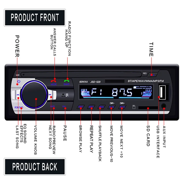 Autoradio Bluetooth, 7 Couleurs Stereo Fm Radio 4X60W Poste Radio Voiture  Soutien Bluetooth/Usb/Sd/Aux/