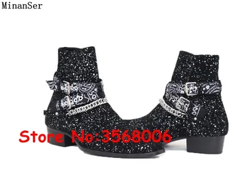 

Black Sequins Male Metal Chains Chelsea Boots Casual Leisure Mens Street Designer Flats Ankle Boots Original Leather Suede Shoes