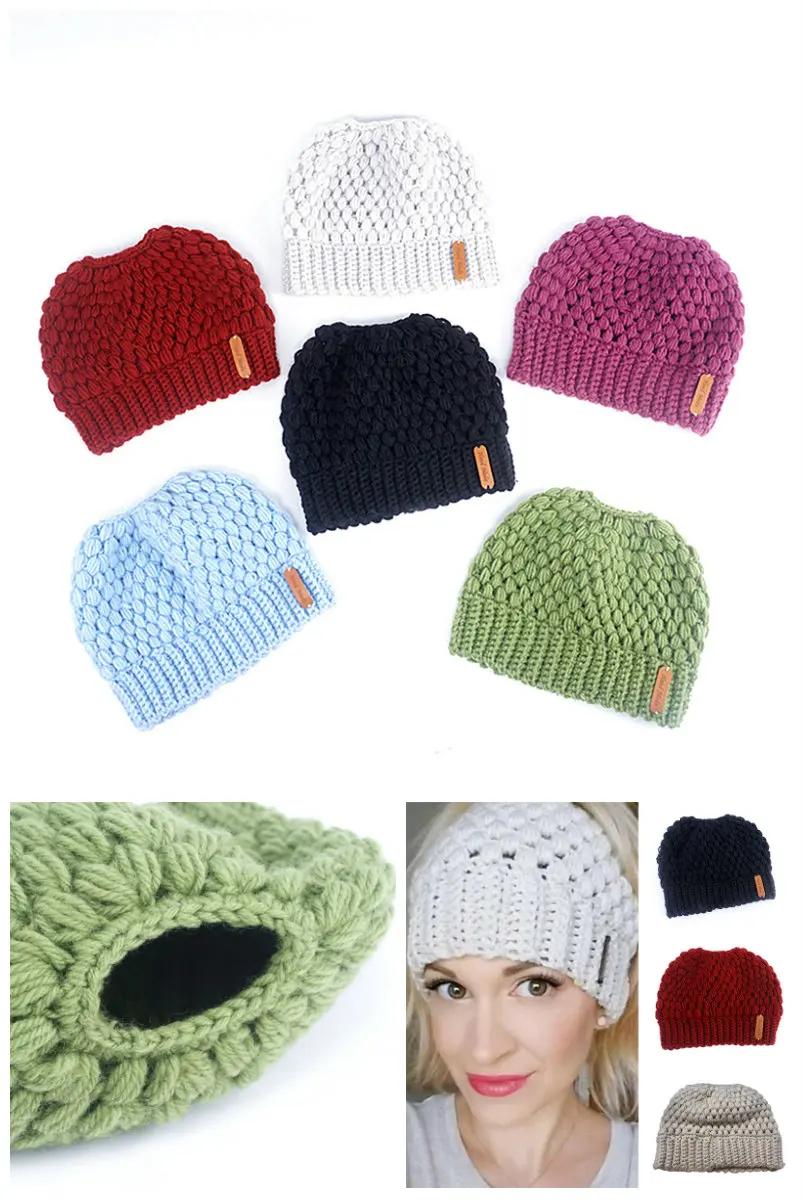 Теплые шапки зима высокое качество модные женский хвостик шапка бини булочка стрейч трикотажные кепки
