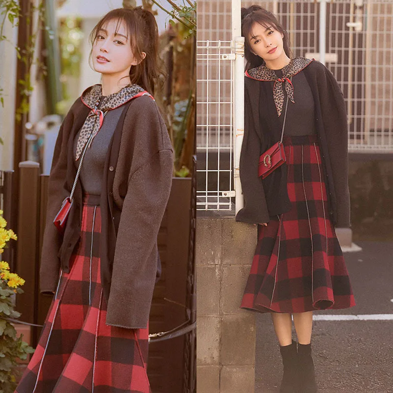 

The Same Red Plaid Fish Tail Splice High Waist Medium Long Skirt 2019 A-Line Plaid Skirts Women Mid-Calf Empire skirt