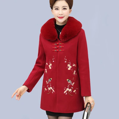 Новая мода плюс размер зимняя куртка пальто женское винтажное цветочное шерстяное пальто среднего возраста осеннее шерстяное пальто женское NW1044 - Цвет: Красный