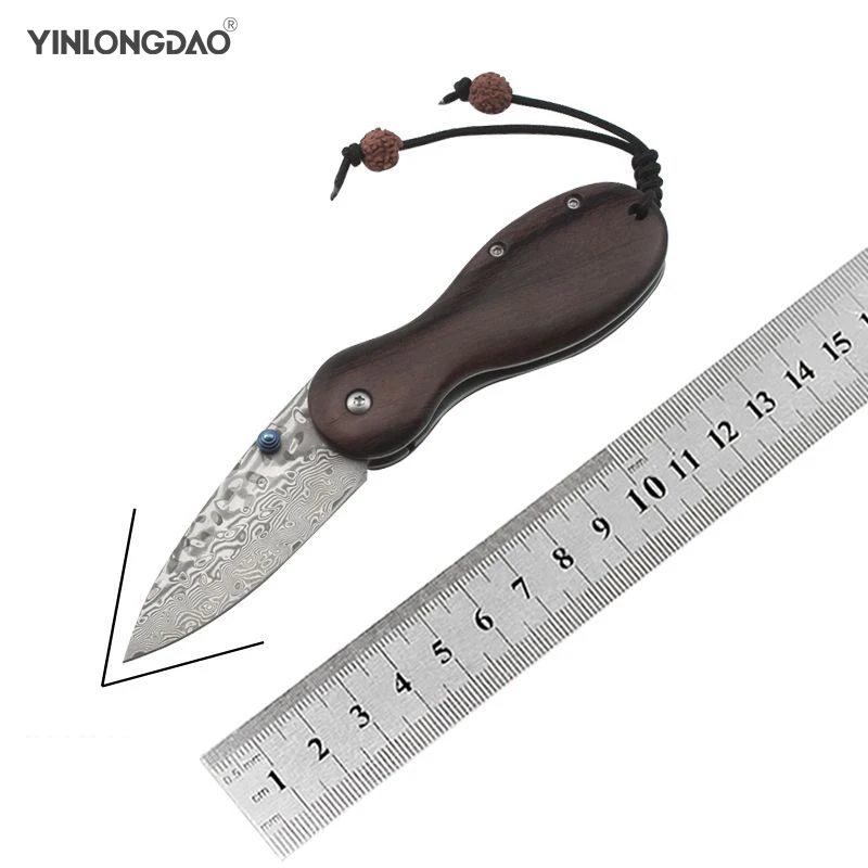 

Damascus Folding Pocket Knife Mini Hunting Knife Sandalwood Handle Camping Tactics Survival Knives Outdoor EDC Tool Gift