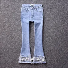 Новые женские flare алмазы цветочный embrodery узкие джинсы, женские джинсы стрейч, женские джинсы