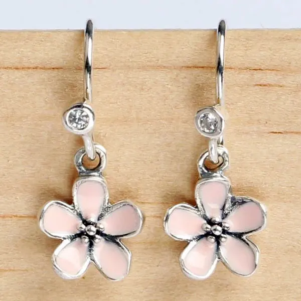 925 Sterling Silver Earring Pink Enamel Cherry Blossom Flower With 925 Sterling Silver Earring Pink Enamel Cherry Blossom Flower With Crystal Earrings For Women Wedding Fit
