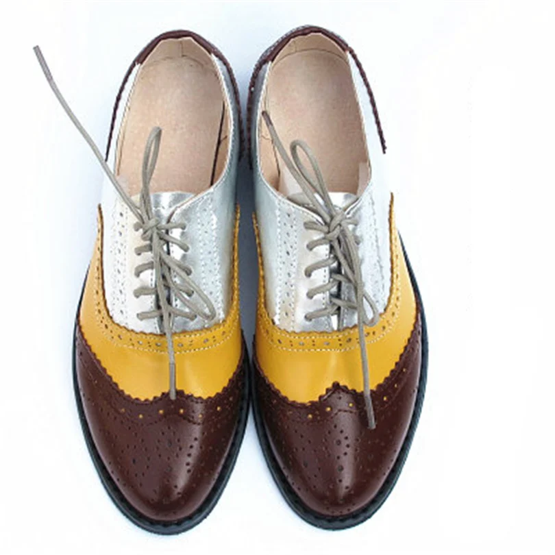 Женские туфли-оксфорды на плоской подошве; женские кроссовки из натуральной кожи; женские броги в винтажном стиле; повседневные туфли-оксфорды; женская обувь - Цвет: date yelloow silver