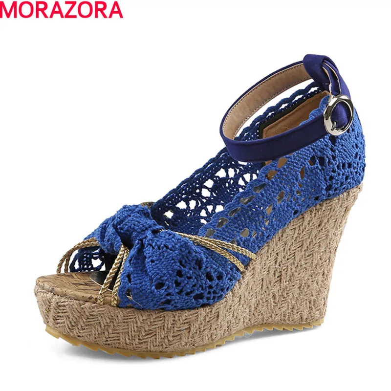 comprar MORAZORA couro de Vaca sapatos de plataforma fivela mulher verão cunhas sapatos sandálias das mulheres sapatos de festa da moda sólida