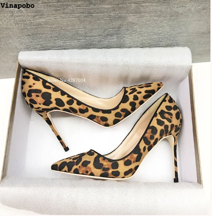 Vinapobo High Heels Leopard Shoes Women Stilettos Pumps Office Lady Pointed Toe Flock Sexy 12 cm Wedding Shoes Sapato Feminino