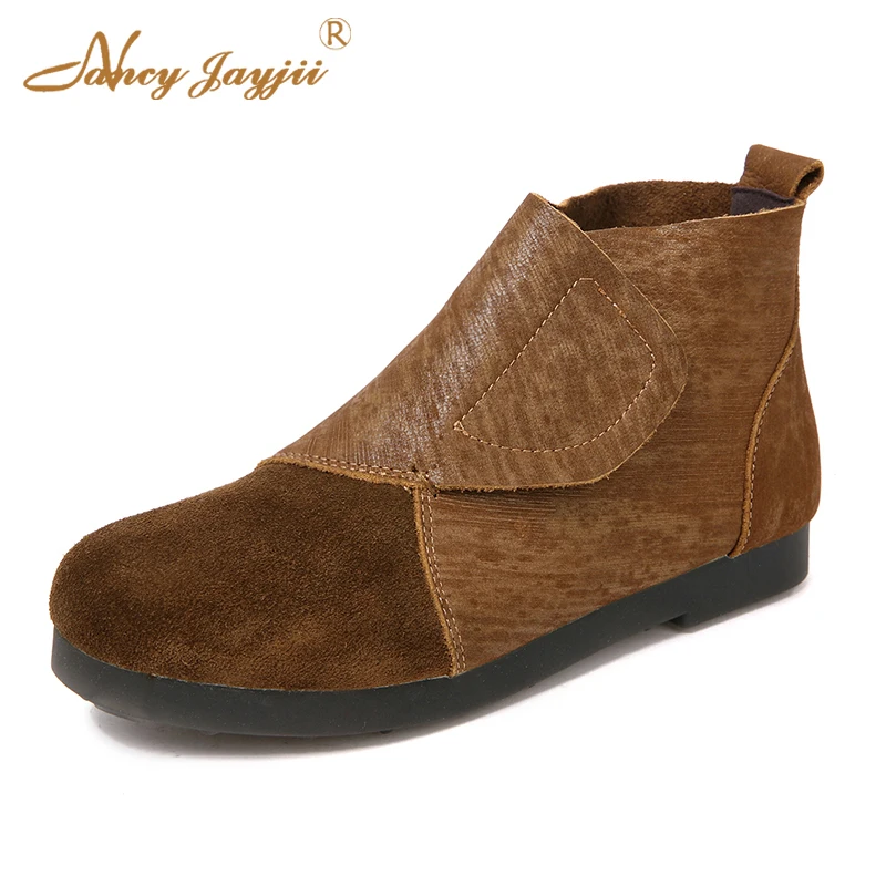 

Spring Chelsea Boots Ankle Black Coffee Genuine Leather Round Toe Heel 2cm Sewing Retro Ethnic Sexy Fashion Female Lady Size 39