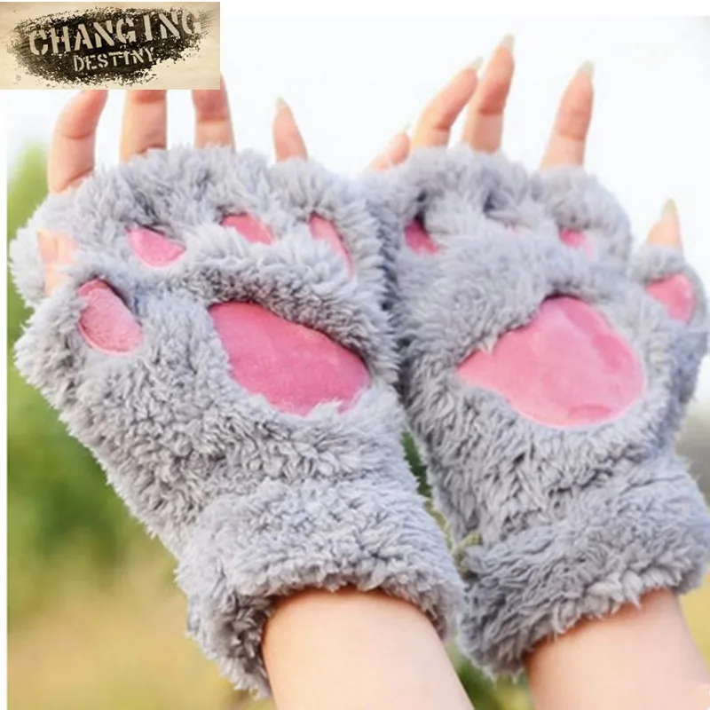 

Winter Lovely Women Bear Cat Claw Paw Mitten Plush Gloves Short Finger Half Gloves Ladies Half Cover Female Gloves