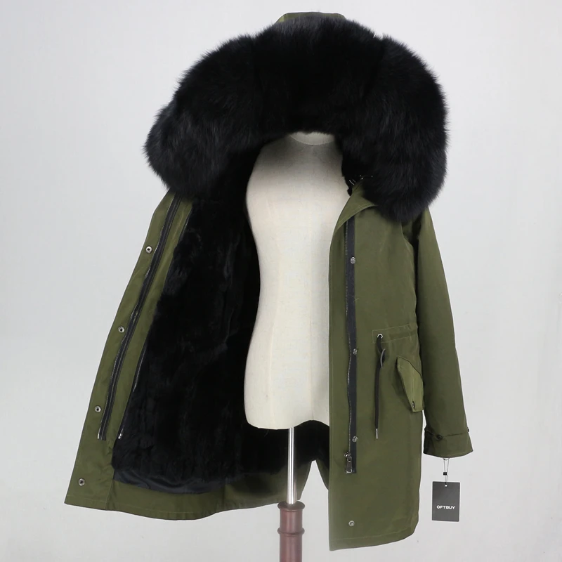 Натуральное меховое пальто брендовая Водонепроницаемая зимняя куртка женская длинная парка воротник из натурального Лисьего меха капюшон Подкладка из натурального кроличьего меха съемный теплый - Цвет: green black black