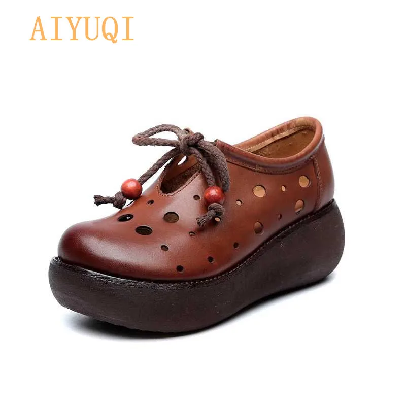 

AIYUQI Women platform sandals 2019 new summer women sandals genuine leather retro breathable hole shoes women