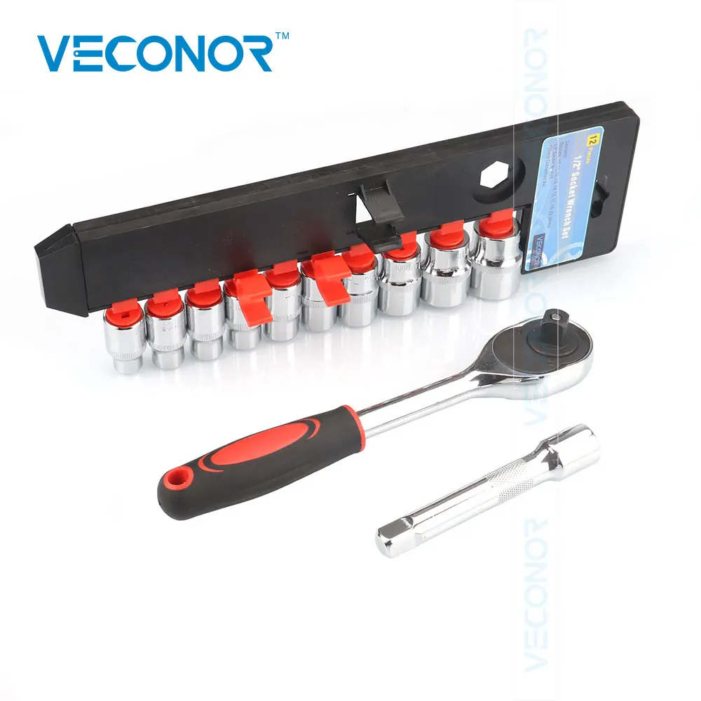 VECONOR 1/2" Socket Wrench 10 Sockets 1 Extension Rod Drive Reversible Ratcheting Handle Torque