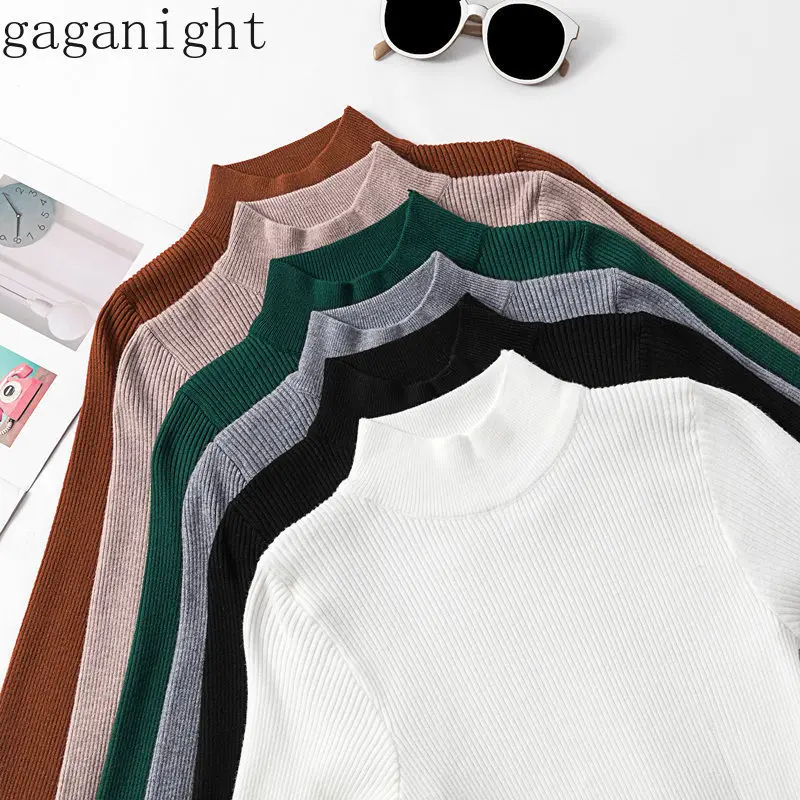 

Gaganight Autumn Winter Knitted Solid Women Sweater Solid Elastic Slim Half Turtleneck Ladies Basic Tops Jumper Pull Femme Chic