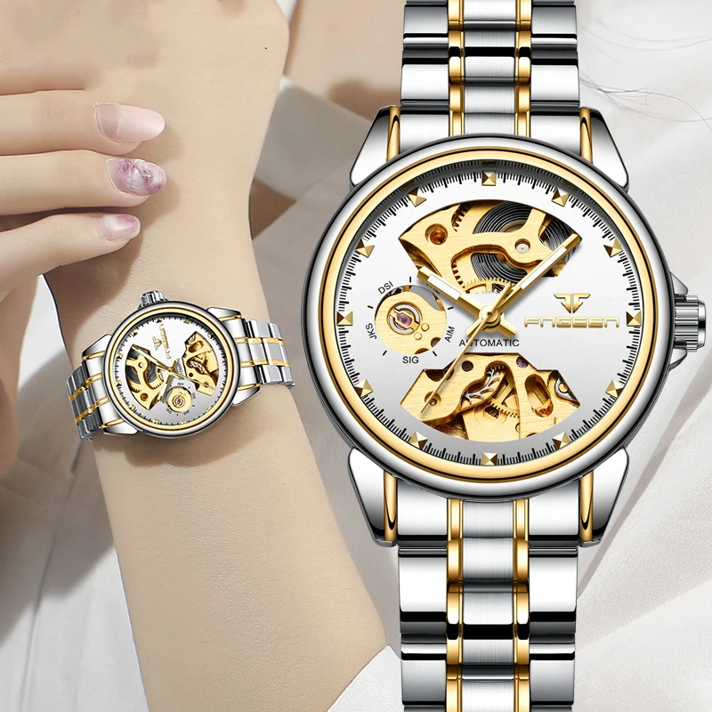 

2019 Luxury female clock automatic mechanical watch business ladies watches waterproof hollow pink mechanic watch for women gift