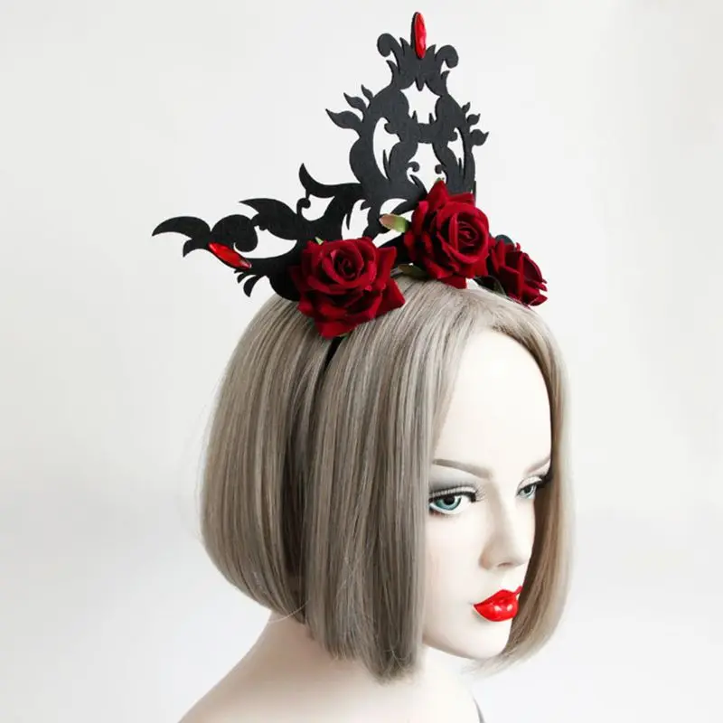 Дамская голова королевы венок готическая Черная Корона красные розы тиара обруч для волос Хэллоуин вечерние Маскарад косплей