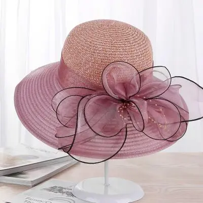Новые Элегантные шляпы с широкими полями из органзы с цветами женские шляпы от солнца Кентукки Дерби свадебное платье дискеты летние шляпы для женщин - Цвет: leather purple